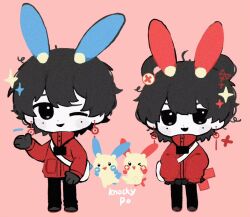 1boy 1girl :3 animal_ears black_eyes black_gloves black_hair black_pants black_pantyhose black_shoes black_skirt blush_stickers chinese_commentary commentary_request dual_persona earrings film_grain gen_3_pokemon gloves hair_between_eyes hair_bun hair_rings high_collar jacket jewelry li_yuting_(female) li_yuting_(male) long_sleeves miniskirt minun mole mole_under_each_eye mole_under_eye multiple_moles nintendo one_eye_closed open_mouth pants pantyhose pinkbo0t0 pleated_skirt plusle pokemon pokemon_(creature) red_background red_jacket shoes short_hair single_hair_bun single_hair_ring skirt sleeves_past_fingers sleeves_past_wrists smile touqi_guaitan