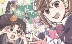 3boys 3girls apron ayase_momo balloon black_dress black_hair black_jacket blue_bow blue_bowtie bow bowtie brown_eyes brown_hair closed_eyes collared_shirt commentary_request dandadan dress earrings enjoji_jin glasses grey_shirt hair_between_eyes highres indoors jacket jewelry looking_at_viewer maid maid_apron maid_headdress medium_hair multiple_boys multiple_girls ni4k1 one_eye_closed open_mouth pink_hair round_eyewear sakata_kinta sawaki_rin shiratori_aira_(dandadan) shirt short_hair sparkle standing stud_earrings takakura_ken_(dandadan) upper_body v white_shirt