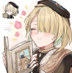 1boy black_gloves black_hat black_jacket blonde_hair blush book closed_eyes fingerless_gloves flower_symbol freckles freminet_(genshin_impact) genshin_impact genshin_impact_sticker_redraw_(meme) gloves hat highres holding holding_book jacket male_focus meme multicolored_hair multiple_views reference_inset sakura_no_yoru simple_background smile twitter_username white_background