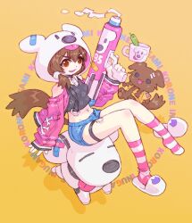 1girl animal_ears animal_hood black_tank_top blue_shorts brown_eyes brown_hair character_name clothing_cutout commentary_request crop_top cup denim denim_shorts dog dog_ears dog_hood dog_tail energy_gun gradient_background gun highres holding holding_gun holding_weapon hololive hood hooded_jacket inugami_korone inugami_korone_(dog) inugami_korone_(loungewear) jacket midriff nakayama_tooru navel non-humanoid_robot orange_background pink_jacket pink_socks rifle robot robot_animal robot_dog shorts shoulder_cutout sitting socks striped_clothes striped_socks tail tank_top tongue tongue_out virtual_youtuber weapon yellow_jacket