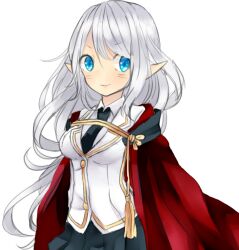 1girl black_necktie black_skirt blazer blue_eyes breasts cape closed_mouth collared_shirt commentary_request cowboy_shot genetic_(ragnarok_online) grey_hair jacket long_hair looking_at_viewer medium_breasts meiko_(nattu303) necktie official_alternate_costume pleated_skirt pointy_ears ragnarok_online red_cape shirt simple_background skirt solo v-shaped_eyebrows very_long_hair white_background white_jacket white_shirt
