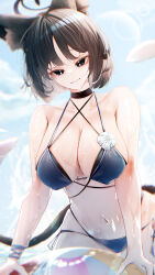 1girl absurdres animal_ear_fluff animal_ears bare_arms bare_shoulders bikini black_eyes black_hair blue_archive blue_bikini blunt_ends cat_ears cat_girl cat_tail cleavage_cutout closed_mouth clothing_cutout covered_erect_nipples flower highres kikyou_(blue_archive) kikyou_(swimsuit)_(blue_archive) looking_at_viewer multiple_tails navel official_alternate_costume omaigoodgoodeat short_hair smile solo stomach swimsuit tail two_tails wet white_flower
