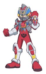 Rule 34 | 1boy, arm up, commentary request, cosplay, covered mouth, denkou choujin gridman, green eyes, gridman (character), kin-san (sasuraiga), looking at viewer, male focus, mega man (series), mega man battle network, mega man battle network (series), megaman.exe, red footwear, simple background, solo, white background