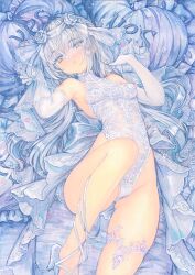 1girl bare_shoulders blush breasts chikinan_tarou elbow_gloves fate/grand_order fate_(series) forked_eyebrows gloves highleg highleg_leotard highres leotard long_hair looking_at_viewer lying melusine_(fate) on_back painting_(medium) sidelocks small_breasts solo thighs traditional_media veil watercolor_(medium) white_gloves white_hair white_leotard yellow_eyes