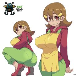 5-volt alternate_body_size alternate_breast_size apron arms_behind_back artist_name ass blush blush_stickers breasts brown_eyes cowboy_shot dot_nose embarrassed english_text from_behind from_below fruithead green_pants hair_between_eyes hair_ornament hairclip highres hood hood_down hoodie large_breasts long_sleeves looking_at_viewer looking_back mature_female medium_hair mike_(warioware) multiple_views nintendo pants parted_lips red_hoodie red_shoes shoes simple_background smile squatting standing straight_hair warioware white_background yellow_apron