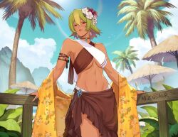 1girl alternate_costume artist_name bikini blonde_hair blue_sky breasts brown_bikini brown_sarong cloud commentary dark-skinned_female dark_skin english_commentary fire_emblem fire_emblem_heroes flower green_hair hair_flower hair_ornament laegjarn_(fire_emblem) looking_at_viewer medium_breasts meziosaur multicolored_hair navel nintendo outdoors red_eyes sarong sky solo stomach swimsuit two-tone_hair underboob white_bikini white_flower