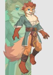 1boy abs animal_ears barefoot blue_eyes bulge chinese_commentary choi_yuhee_(xxl) claws commentary_request furry furry_male highres loincloth looking_at_viewer male_focus muscular muscular_male nipples open_mouth pawpads pectorals ponytail tail weasel_boy weasel_ears weasel_tail whiskers xxl_woofia yuntai_shark