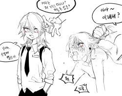 2boys alternate_hair_length alternate_hairstyle androgynous before_and_after bishounen eyeliner grabbing_another&#039;s_hair greyscale high_school_boy hong_iltak instant_loss korean_text long_hair makeup male_focus monochrome multiple_boys parkgee red_eyeliner snot solo_focus spot_color tears yaoi