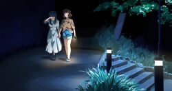 2girls black_hair brown_hair covering_own_eyes crying dress fluffy_hair fuyuhino grass hibike!_euphonium highres holding holding_hands holding_phone kousaka_reina light long_hair medium_hair multiple_girls night oumae_kumiko phone shirt short_shorts shorts stairs tree white_dress wide_shot yuri