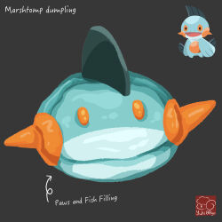 arrow_(symbol) artist_logo artist_name character-themed_food character_name dumpling food food_focus food_name gen_3_pokemon grey_background highres logo marshtomp nintendo no_humans pokemon pokemon_(creature) simple_background yuki00yo