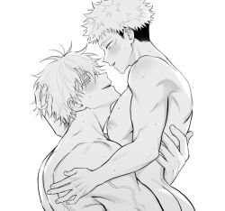 Rule 34 | 2boys, adam&#039;s apple, ass, blush, completely nude, eye contact, eyelashes, from side, gojou satoru, greyscale, hand in another&#039;s hair, hand on another&#039;s back, head back, itadori yuuji, jujutsu kaisen, looking at another, male focus, monochrome, multiple boys, muscular, muscular male, nipples, nude, open mouth, pectorals, profile, pz00990801, short hair, short sideburns, sidepec, simple background, teeth, upper teeth only, veins, veiny arms, white background, yaoi