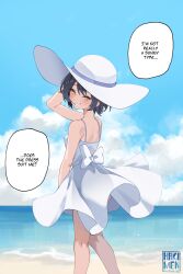 1girl absurdres arm_up back bare_shoulders beach blue_sky breasts cloud dress english_text hakimen hat highres large_hat looking_back ocean original short_hair signature sky small_breasts smirk solo speech_bubble sun_hat sundress suraya_(hakimen) white_dress white_hat wind yellow_eyes
