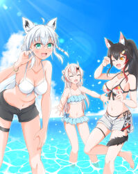 3girls alternate_costume alternate_hairstyle animal_ear_fluff animal_ear_piercing animal_ears aqua_bikini ayafubumi_(hololive) beach bikini bikini_skirt bikini_under_shorts black_hair black_shorts blue_sky blush bracelet braid breasts cleavage closed_eyes cloud collarbone commentary feet_out_of_frame fox_ears fox_girl frilled_bikini frilled_bikini_top frills fusel9123 green_eyes grey_hair hair_between_eyes hand_on_own_thigh highres hololive horns jewelry large_breasts leaf_print leaning_forward long_hair medium_breasts multicolored_hair multiple_girls nakiri_ayame navel official_alternate_costume official_alternate_hairstyle one_eye_closed oni ookami_mio ookami_mio_(hololive_summer_2019) open_mouth orange_eyes red_hair shirakami_fubuki shorts side-tie_bikini_bottom side_braid skin-covered_horns sky smile stomach swimsuit tail thigh_strap virtual_youtuber white_bikini white_shorts wolf_ears wolf_girl wolf_tail