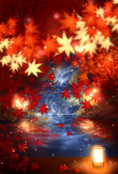 akine_eiri autumn_leaves falling_leaves lantern leaf maple_leaf no_humans original outdoors reflection reflective_water river scenery veranda water