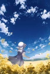 1girl asukake_project blue_dress blue_sky brown_hair child clannad clenched_hand cloud day dress falling_petals field floating_hair flower flower_field from_behind hashtag-only_commentary hat highres kindergarten_uniform okazaki_ushio outdoors petals running sailor_collar sailor_hat scenery short_hair short_sleeves sky solo white_hat white_sailor_collar wide_shot yellow_flower