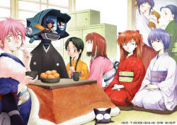 00s 1990s_(style) 6+girls abenobashi_mahou_shoutengai andou_mahoro animal asahina_arumi ayanami_rei bird blue_hair blush braid canti cat chopsticks closed_eyes clothed_robot company_connection crossover dark-skinned_female dark_skin dog everyone flcl food fruit fushigi_no_umi_no_nadia gainax gainaxtop gargoyle_(nadia) haruhara_haruko interface_headset_(evangelion) japanese_clothes kimono kimoto_tatsurou kotatsu long_hair mahoromatic mandarin_orange mecha multiple_girls nadia_la_arwall neon_genesis_evangelion open_mouth orange_(fruit) penguin penpen puchi_puri_yucie purple_hair red_eyes red_hair retro_artstyle robot samejima_mamimi short_hair sitting souryuu_asuka_langley suguru_(mahoromatic) table takkun takkun_(flcl) tea twin_braids yellow_eyes yucie
