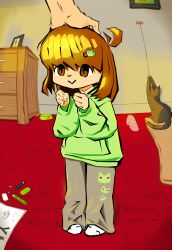 1girl animal_print brown_eyes brown_hair cat frog_hair_ornament frog_print green_hoodie hair_ornament highres hood hoodie non-web_source original red_carpet short_hair sunset tdaishomeless