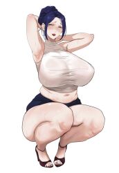 1girl armpits arms_behind_head arms_up blue_eyes blue_hair blush breasts glasses hair_bun high_heels highres huge_breasts looking_at_viewer lulu95402099 mature_female navel open_mouth original plump sandals shirt simple_background single_hair_bun skirt sleeveless sleeveless_shirt solo squatting sweat thighs white_background white_shirt