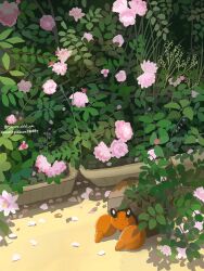 artist_name commentary dwebble flower gen_5_pokemon highres leaf looking_at_viewer nintendo no_humans outdoors petals pink_flower pink_petals pink_rose plant pokemon pokemon_(creature) potted_plant rock rose shadow solo tororo_oishi_ym twitter_username