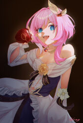 1girl absurdres apple blue_eyes breasts cleavage commentary commentary_request cyrene_(honkai:_star_rail) dress english_commentary food fruit hair_ornament highres holding holding_food holding_fruit honkai:_star_rail honkai_(series) jewelry li_feng_(user_hvnc4748) medium_breasts mixed-language_commentary necklace open_mouth pink_hair pink_pupils saliva saliva_trail short_hair solo teeth upper_teeth_only white_dress