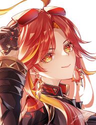 Rule 34 | 1girl, ahoge, black gloves, black jacket, commentary, earrings, genshin impact, glint, gloves, highres, jacket, jewelry, long hair, long sleeves, looking at viewer, mavuika (genshin impact), multicolored hair, orange eyes, orange hair, red hair, simple background, smile, solo, sun earrings, sunglasses, symbol-only commentary, symbol-shaped eyes, traffic light, white background, yuno kaihara