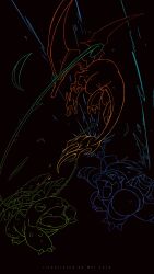 black_background blastoise charizard creatures_(company) fiery_tail firing flower game_freak gen_1_pokemon highres limited_palette lineart mei_ford nintendo open_mouth plant pokemon pokemon_(creature) sharp_teeth shoulder_cannon simple_background tail teeth turtle venusaur vines water wings