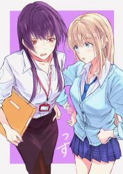Rule 34 | 2girls, absurdres, alternate hairstyle, binder, black pantyhose, black skirt, blonde hair, blue cardigan, blue eyes, blue necktie, blue skirt, blush, cardigan, collarbone, collared shirt, commentary, dress shirt, earrings, file, highres, id card, idolmaster, idolmaster shiny colors, jewelry, long hair, mayuzumi fuyuko, multiple girls, nail polish, necklace, necktie, office lady, open mouth, pantyhose, pink scrunchie, plaid clothes, plaid skirt, pleated skirt, purple hair, red eyes, red nails, school uniform, scrunchie, serizawa asahi, shirt, shirt tucked in, skirt, stud earrings, sushizanmai (sorahaaoi7), sweatdrop, white shirt, wrist scrunchie