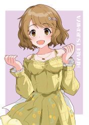 Rule 34 | 1girl, breasts, brown hair, character name, collarbone, dress, flower hairpin, highres, idolmaster, idolmaster cinderella girls, illustscody, jewelry, looking at viewer, medium breasts, necklace, off-shoulder dress, off shoulder, open mouth, plaid clothes, plaid dress, short hair, smile, tsukimiya miyabi, wavy hair, yellow dress, yellow eyes