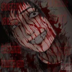 1boy black_background black_shirt bleeding blood blood_drip blood_on_clothes blood_on_face blood_on_mouth blood_on_teeth ch1ckenpretz crazy_eyes cry_of_fear english_text grey_hoodie grin head_tilt highres hood hood_up hoodie male_focus nosebleed shirt simon_henriksson_(book) smile solo sparkling_eyes teeth wide-eyed