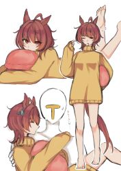 1girl 1other agnes_tachyon_(umamusume) ahoge animal_ears bare_legs barefoot brown_hair brown_tail carrying carrying_person closed_eyes closed_mouth collarbone commentary drooling earrings full_body hair_between_eyes hand_on_another&#039;s_shoulder highres holding holding_pillow horse_ears horse_girl horse_tail hugging_object jewelry long_sleeves looking_at_viewer lying medium_hair messy_hair on_stomach pillow pillow_hug red_eyes red_pillow sidelocks simple_background single_earring sleepy sleeves_past_wrists squeans standing sweater t-head_trainer_(umamusume) tail teru_(t_nano) trainer_(umamusume) translated umamusume white_background yellow_sweater