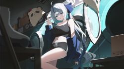 1girl absurdres ahoge aokumo_rin bare_shoulders black_shirt black_shorts blue_eyes blue_jacket blurry breasts camisole crop_top depth_of_field dolphin_shorts hair_ornament hair_ribbon hair_rings hairclip hand_up highres jacket large_breasts laundromat long_hair long_sleeves looking_at_viewer midriff multicolored_hair navel off_shoulder parted_lips ponytail pulling_own_clothes ribbon roller_skates shirt short_shorts shorts skates sleeveless sleeveless_shirt solo standing stellive stomach strap_pull streaked_hair thighs very_long_hair virtual_youtuber washing_machine white_hair yireh