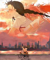 &gt;_&lt; 2girls absurdres akemi_homura axy_cang bicycle black_hair black_skirt black_socks blush braid city closed_eyes collared_shirt dusk hair_ribbon highres hug hug_from_behind kaname_madoka long_hair mahou_shoujo_madoka_magica mahou_shoujo_madoka_magica_(anime) multiple_girls multiple_riders open_mouth outdoors pink_hair pleated_skirt red_ribbon ribbon riding riding_bicycle river school_uniform shirt short_sleeves short_twintails skirt smile socks sweat twin_braids twintails white_shirt