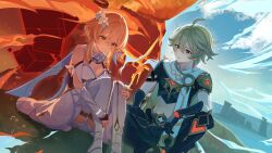 Rule 34 | 1boy, 1girl, aether (genshin impact), black gloves, black pants, black shirt, blonde hair, boots, breasts, brother and sister, camunekoz, closed mouth, crop top, dress, earrings, fingerless gloves, genshin impact, gloves, hair between eyes, hair ornament, highres, jewelry, long hair, lumine (genshin impact), midriff, pants, second-party source, shirt, short hair with long locks, siblings, single earring, thigh boots, white boots, white dress, white sleeves, yellow eyes