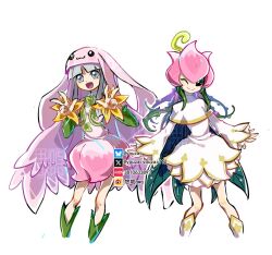 2girls cosplay costume_switch cowboy_shot cross-shaped_pupils digimon digimon_(creature) double_w dress green_hair grey_eyes grey_hair lilimon lilimon_(cosplay) long_hair multiple_girls nun one_eye_closed pink_dress plant_hair sistermon_blanc sistermon_blanc_(cosplay) symbol-shaped_pupils w white_dress youzaiyouzai112