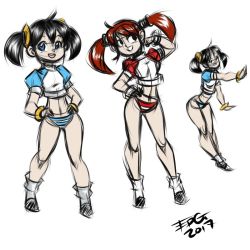 10s 2017 2girls arm_up bent_over black_eyes black_footwear black_hair blue_eyes blue_panties blue_shirt bracelet breasts brown_hair dated erik96 erika-chan erina-chan grey_legwear grin hand_on_own_hip hands_on_own_hips jewelry long_hair looking_at_viewer looking_to_the_side medium_breasts midriff multiple_girls navel open_mouth panties puffy_sleeves red_panties red_shirt shirt shoes short_sleeves sketch smile socks striped_clothes striped_panties teeth twintails underwear white_background white_legwear white_panties white_shirt