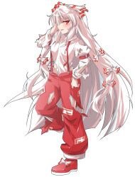 1girl baggy_pants blush bow buttons collared_shirt commentary_request dairi defeat footwear_bow fujiwara_no_mokou full_body hair_bow highres large_variant_set long_hair long_sleeves ofuda pants red_pants red_shoes ribbon shirt shoes solo standing standing_on_one_leg suspenders sweatdrop tachi-e torn_clothes touhou transparent_background variant_set very_long_hair white_bow white_hair white_shirt