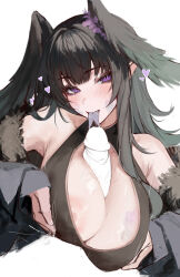 1boy 1girl absurdres bare_shoulders black_hair black_wings blush breasts character_request copyright_request erection forked_tongue head_wings heart hetero highres large_breasts long_hair long_sleeves looking_at_viewer naokomama nipples paizuri penis pointy_ears pov purple_eyes solo_focus tongue tongue_out uncensored wings