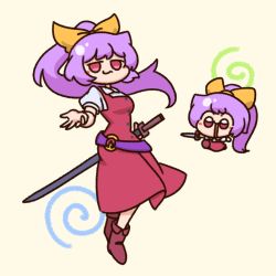 :s boots breasts high_ponytail highres large_breasts long_hair looking_at_viewer numenoko outstretched_arm ponytail purple_hair red_eyes shirt short_sleeves solo spiral sword tan_tan_pou touhou watatsuki_no_yorihime weapon white_shirt