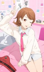 Rule 34 | 1girl, absurdres, alternate costume, arm up, armband, artist name, bare legs, bedroom, brown eyes, brown hair, camera, collared shirt, commentary, earrings, english commentary, feet out of frame, flipped hair, hand up, highres, indoors, jewelry, long sleeves, looking at viewer, nail polish, necktie, no pants, on bed, one eye closed, persona, persona 3, persona 3 reload, pillow, pink lips, pink nails, pink necktie, poster (object), red armband, rifyaa, s.e.e.s, shirt, short hair, sitting, sleeves past wrists, smile, solo, stud earrings, sweater, swept bangs, takeba yukari, thighs, tongue, tongue out, unworn armband, v, white shirt, white sweater