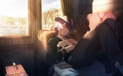 1boy black_hat black_jacket black_pants blue_hair book building cloud colorful_palette game_cg hat highres holding holding_book jacket kamishiro_rui mabayui_hikari_no_stage_de_(project_sekai) male_focus multicolored_hair official_alternate_costume official_art pants paper pen project_sekai purple_hair purple_hat riding shirt sky solo streaked_hair suitcase third-party_source white_shirt yellow_eyes