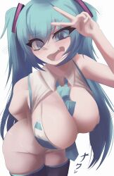 1girl bikini black_thighhighs blue_eyes blue_hair hatsune_miku long_hair looking_at_viewer naxless open_mouth simple_background solo solo_focus striped_bikini striped_clothes swimsuit thighhighs tongue twintails v vocaloid white_background