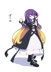 1girl ay606078 beads black_boots black_dress blonde_hair boots breasts chinese_commentary clenched_hand closed_eyes closed_mouth commentary_request cross-laced_clothes cross-laced_dress dress full_body gradient_hair highres hijiri_byakuren layered_dress long_hair long_sleeves multicolored_hair prayer_beads purple_hair shadow signature simple_background solo touhou very_long_hair white_background white_dress