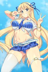 1girl belt blonde_hair blue_bra blue_eyes blue_necktie blue_panties blue_ribbon blue_skirt bra bracelet breasts commentary diagonal-striped_clothes diagonal-striped_necktie double_v english_commentary gluteal_fold hair_ribbon highres jewelry katsuragi_(senran_kagura) large_breasts lindaroze long_hair looking_at_viewer navel necktie panties ribbon senran_kagura shirt short_sleeves single_thighhigh skirt smile solo striped_bra striped_clothes striped_panties thigh_strap thighhighs tied_shirt underwear v vertical-striped_bra vertical-striped_clothes very_long_hair white_belt white_shirt white_thighhighs
