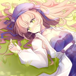 1girl blonde_hair blue_choker blue_dress blue_hat blue_nails breasts choker cleavage closed_mouth coat commission dokibird_(vtuber) dokibird_(vtuber)_(retro_doki) dress grass green_eyes hat indie_virtual_youtuber kana_yukino long_hair long_sleeves looking_at_viewer medium_breasts outdoors solo star_(symbol) upper_body virtual_youtuber white_coat