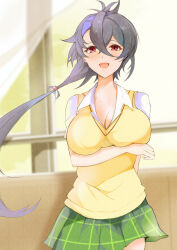 1girl absurdres arm_under_breasts azur_lane blue_hair breasts checkered_clothes checkered_skirt cleavage collared_shirt colored_inner_hair foch_(azur_lane) gear0710 green_skirt highres indoors large_breasts light_blush long_bangs long_hair looking_at_viewer low_ponytail miniskirt multicolored_hair open_mouth pleated_skirt ponytail purple_hair red_eyes sainan_high_school_uniform school_uniform shirt skirt smile solo to_love-ru very_long_hair white_shirt window