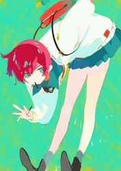 1girl absurdres amate_yuzuriha aqua_eyes bag bent_over collared_shirt ejmmnn feet_out_of_frame food food_in_mouth green_background gundam gundam_gquuuuuux highres holding holding_food holding_pocky necktie pocky pocky_in_mouth red_hair school_uniform shirt short_hair skirt solo sweater