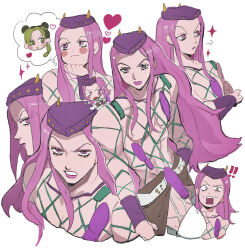 ! !! 1boy 1girl belt blush brown_pants chibi chibi_inset eyelashes fake_horns fishnet_top fishnets grimace hat heart highres horned_hat horned_headwear horns imagining jojo_no_kimyou_na_bouken knee_pads kuujou_jolyne long_hair looking_at_another looking_at_viewer looking_up male_focus matubaru_chan multiple_views muscular muscular_male narciso_anasui outline pants pink_eyes pink_hair pink_lips sidelocks sigh simple_background sparkle stone_ocean studded_belt studded_hat surprised sweatdrop white_background white_belt white_outline wide-eyed