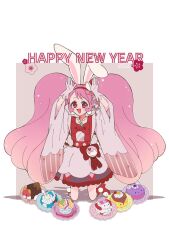 2023 adapted_costume animal_ears animal_shoes big_hair boots bow bow_skirt bowtie chinese_zodiac cure_whip earrings english_text eyelashes floppy_ears floral_print food-themed_hair_ornament food_print fruit_print gloves grey_background grey_skirt hair_ornament hairband hands_on_own_head happy_new_year heart heart_print high_heel_boots high_heels highres japanese_clothes jewelry kimono kirakira_precure_a_la_mode knee_boots kohane_suzukasa lace lace-trimmed_kimono lace-trimmed_skirt lace_trim layered_skirt light_particles long_hair long_sleeves magical_girl miniskirt new_year open_mouth pink_bag pink_eyes pink_hair pom_pom_(clothes) pom_pom_earrings precure rabbit_ears red_boots red_bow red_bowtie red_hairband red_vest shadow short_kimono skirt smile star_(symbol) strawberry_brooch strawberry_print tareme twintails two-tone_background two-tone_bag usami_ichika very_long_hair vest waist_bag white_background white_bag white_gloves white_kimono white_skirt wide_sleeves year_of_the_rabbit