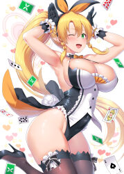 1girl :d animal_ears armpits arms_up blonde_hair braid breasts capelet card cleavage covered_navel detached_collar fairy fake_animal_ears gloves green_eyes hair_ribbon heart high_heels highres jumping kawase_seiki knees_together_feet_apart large_breasts leafa_(sao) leotard long_ears long_hair neck_ribbon one_eye_closed open_mouth playboy_bunny playing_card pointy_ears ponytail rabbit_ears rabbit_girl rabbit_pose rabbit_tail ribbon shiny_skin sidelocks smile solo sparkle sword_art_online tail thighhighs thighs very_long_hair white_background