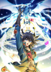 Rule 34 | 1boy, ancient fairy dragon, arm up, black-winged dragon, black hair, black rose dragon, black shirt, blonde hair, blue jacket, brown gloves, collarbone, dragon, duel monster, facial mark, fudo yusei, gloves, highres, jacket, life stream dragon, male focus, medium hair, multicolored hair, open clothes, open jacket, print shirt, purple eyes, red dragon archfiend, red shirt, shirt, shooting quasar dragon, solo focus, spiked hair, streaked hair, trading card, tsuezu, two-tone hair, yu-gi-oh!, yu-gi-oh! 5d&#039;s